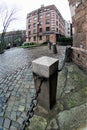 Riga, Latvia, November 2019. View of the square near St. Peter`s Basilica, shot with a fisheye lens.