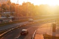 Riga, Latvia- October 6, 2021: Cars on asphalt road on a sunny autumn morning