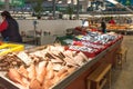 Riga, Latvia - October 28, 2019: Fresh fish at Riga Central Market. Raw fish on ice at the Fish Market in Riga, Latvia Royalty Free Stock Photo