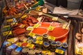 Riga, Latvia - October 28, 2019: Fresh fish at Riga Central Market. Smoked and salted fish, caviar, sprats at the fish market in Royalty Free Stock Photo