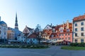 Riga, Latvia - October 28, 2019: Picturesque aerial view of the Livu square with beautiful medieval buildings in the old town of Royalty Free Stock Photo