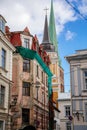 Riga, Latvia, 14 October 2021: St. James`s Cathedral, Lutheran and Orthodox Church with bell tower, Northern Gothic Style with Re Royalty Free Stock Photo