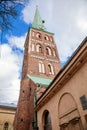 Riga, Latvia, 14 October 2021: St. James`s Cathedral, Lutheran and Orthodox Church with bell tower, Northern Gothic Style with Re Royalty Free Stock Photo