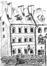 Riga, Latvia, old town, monochrome black and white drawing, travel sketch