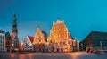 Riga, Latvia. Town Hall Square With St. Peter's Church, Schwabe House, House Of Blackheads. Famous Landmarks In Summer