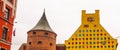 RIGA. LATVIA: Powder tower and Jacob`s Barracks building showing coats of arms for Latvian parishes, Tornu Street, old town Royalty Free Stock Photo