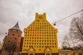 RIGA. LATVIA: Powder tower and Jacob`s Barracks building showing coats of arms for Latvian parishes, Tornu Street, old town Royalty Free Stock Photo