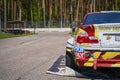 22-1-05-2021 Riga, Latvia. Power drifting car rear view. Yellow drifting car