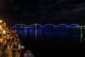 18.11.2018. RIGA, LATVIA. Railway bridge in Riga. Staro Riga festival of light. Celebration Latvia 100th birthday.