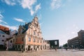 Riga Latvia. Schwabe House At Town Hall Square, Ancient Historical Landmark