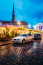 Riga, Latvia. Sedan Car BMW 5 Series E39 Parking Near Open Air Leisure Venue Recreation Center Egle In Evening Or Night Royalty Free Stock Photo