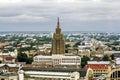 View over the rooftops of the city and the building of the Academy of Sciences in Riga from a height.