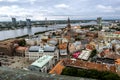 View from St. Peter Church to the Cathedral and cable-stayed bridge and Riga`s old town