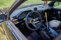 21-05-2021 Riga Latvia sports car interior with roll cage and drift handbrake night photography Royalty Free Stock Photo