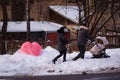 Snow figure created as a heart symbol to mark Valentine`s day