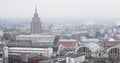 Riga, Latvia. Top View Cityscape In Misty Fog Rainy Day. Latvian Academy Of Sciences, Bus Station Riga International