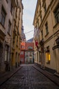 RIGA, LATVIA: View from Kramu Street to the old buildings with one of the oldest restaurant 1221 on the Jauniela street and top