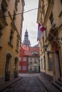 RIGA, LATVIA: View from Kramu Street to the old buildings with one of the oldest restaurant 1221 on the Jauniela street and top