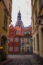 RIGA, LATVIA: View from Kramu Street to the old buildings with one of the oldest restaurant 1221 on the Jauniela street and top