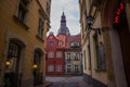 RIGA, LATVIA: View from Kramu Street to the old buildings with one of the oldest restaurant 1221 on the Jauniela street and top