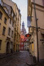 RIGA, LATVIA: View from Kramu Street to the old buildings with one of the oldest restaurant 1221 on the Jauniela street and top