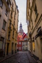 RIGA, LATVIA: View from Kramu Street to the old buildings with one of the oldest restaurant 1221 on the Jauniela street and top