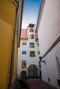 Riga, Latvia: The yard of the Convention is one of the oldest city blocks of Riga. Beautiful historic buildings in the old town Royalty Free Stock Photo