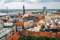 Riga old town panoramic view from St. Peter`s Church observatory in Latvia