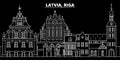 Riga silhouette skyline. Latvia - Riga vector city, latvian linear architecture, buildings. Riga travel illustration