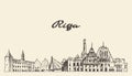 Riga skyline, Latvia, hand drawn vector sketch