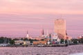 Riga skyline, view from Daugava river at sunset