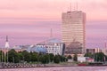 Riga skyline, view from Daugava river at sunset