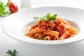 Rigatoni all\'Amatriciana on a white plate. Traditional Italian pasta