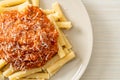 Rigatoni pasta with pork bolognese sauce Royalty Free Stock Photo