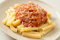 Rigatoni pasta with pork bolognese sauce Royalty Free Stock Photo