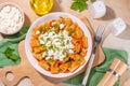 Rigatoni pasta with tomato sauce and cottage cheese Royalty Free Stock Photo