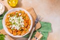 Rigatoni pasta with tomato sauce and cottage cheese Royalty Free Stock Photo