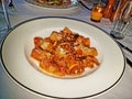 Rigatoni with tomato sauce, sauteed sliced onions and grated parmesan cheese