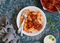 Rigatoni with turkey meatballs and tomato sauce. Delicious mediterranean lunch