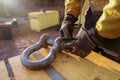 Rigger wearing a safety glove inspecting, tagging safety crane lifting 17 tone equipment with green plastic tag prior used Royalty Free Stock Photo