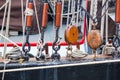 Rigging and details of marine equipment of sailboat closeup - ropes, pulley Royalty Free Stock Photo