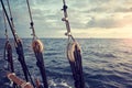 Rigging elements of a sailing ship at sunset. Royalty Free Stock Photo