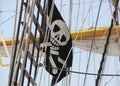 Rigging and the Jolly Roger flag of Indonesian Navy tall ship DEWARUCI