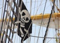 Rigging and the Jolly Roger flag of Indonesian Navy tall ship DEWARUCI