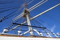 Rigging and mast of a large sailing ship. Ropes and pulleys for tensioning sails Royalty Free Stock Photo