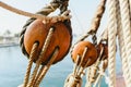 Rigging and ropes on an old sailing ship to sail in summer Royalty Free Stock Photo