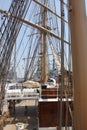 Rigging and a view of the deck from the helm of Indonesian Navy tall ship DEWARUCI