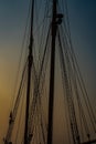 Rigging on an vintage wooden sailboat in the morning fog. Royalty Free Stock Photo