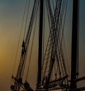 Rigging on an vintage wooden sailboat in the morning fog. Royalty Free Stock Photo