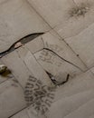 Right Boot print on derelict industrial floor tiles discovered in urbex exploration